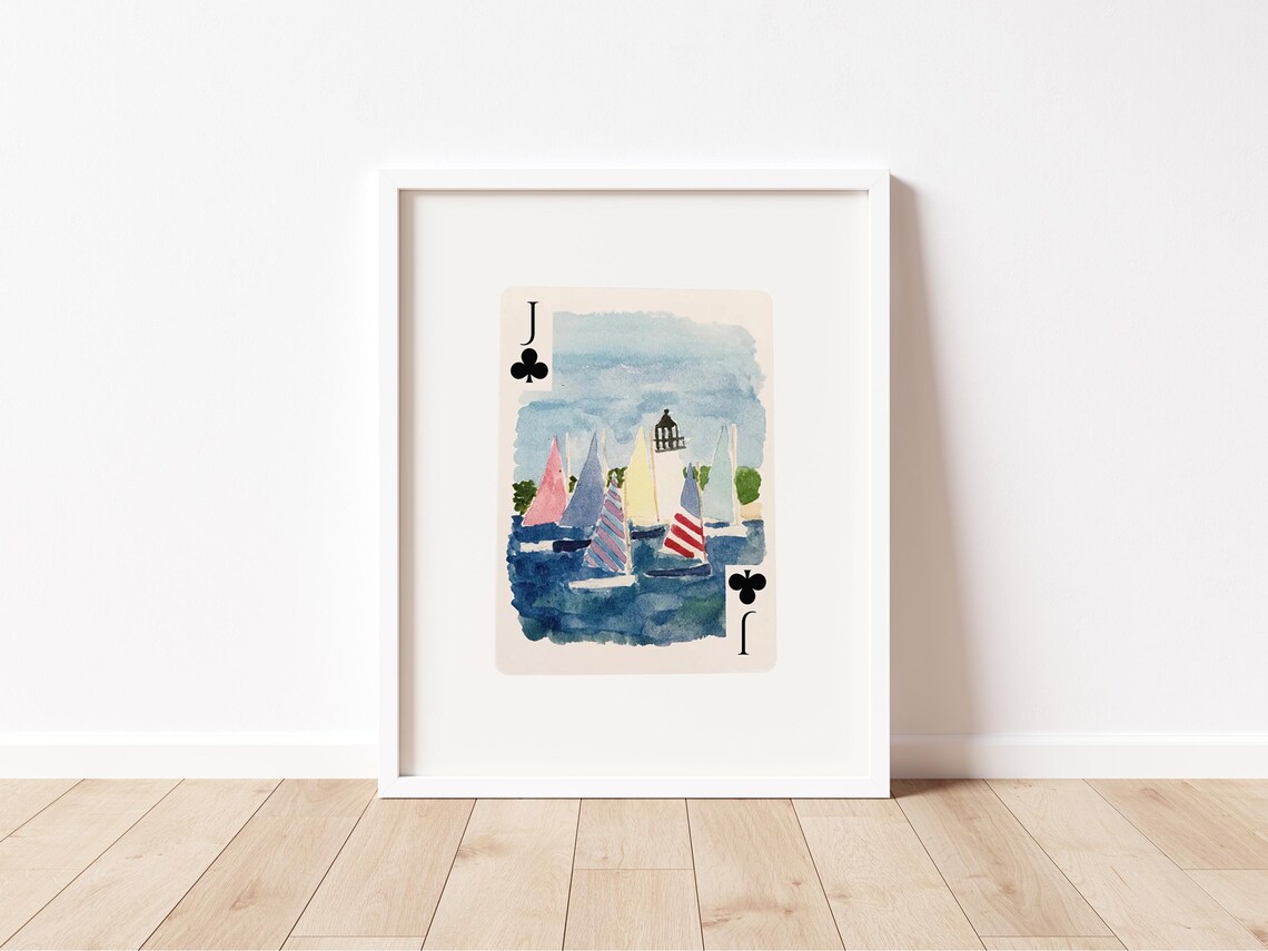 Jack of Clubs Watercolor Sailboat Lighthouse Playing Card Art Poster - Image 2