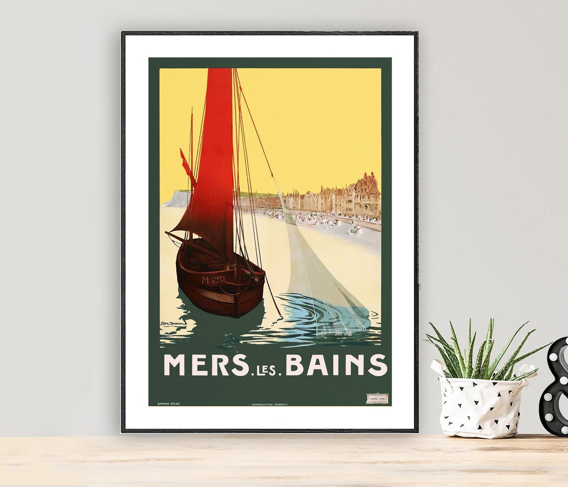 Mers les Bains Vintage French Seaside Sailboat Red Sail Travel Poster