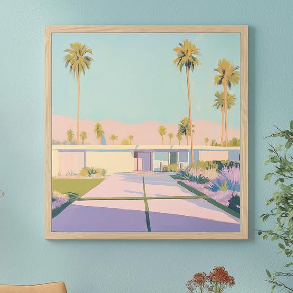 Palm Springs House Canvas Art Midcentury Modern Architecture Desert Home Wall Print Vibrant Stylish Decor For Living Room Office