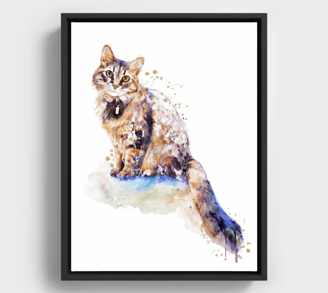 Tabby Cat Watercolor Splash Pet Portrait Animal Poster for Living Room Walls