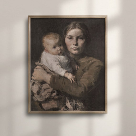 Vintage Oil Painting Of Mother And Child Antique Female Portrait Wall Art Vintage Nursery Decor Art Prints C16 1159