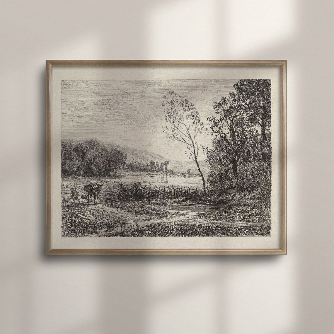 Vintage Black White Rural Path Donkey Etching Antique Art Poster
