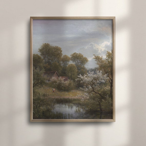 Moody Spring Artwork Vintage Dark Pastel Green Painting Country Farmhouse Wall Decor Unique Home Accent C16 1433
