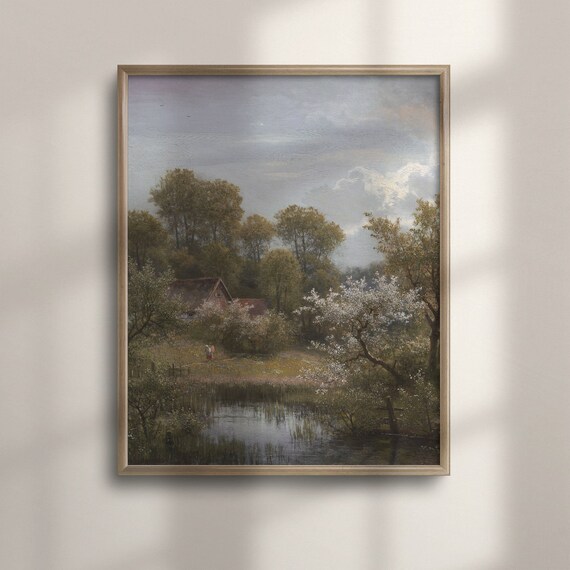 Spring Countryside Cottage Landscape Blooming Trees Pond Vintage Poster