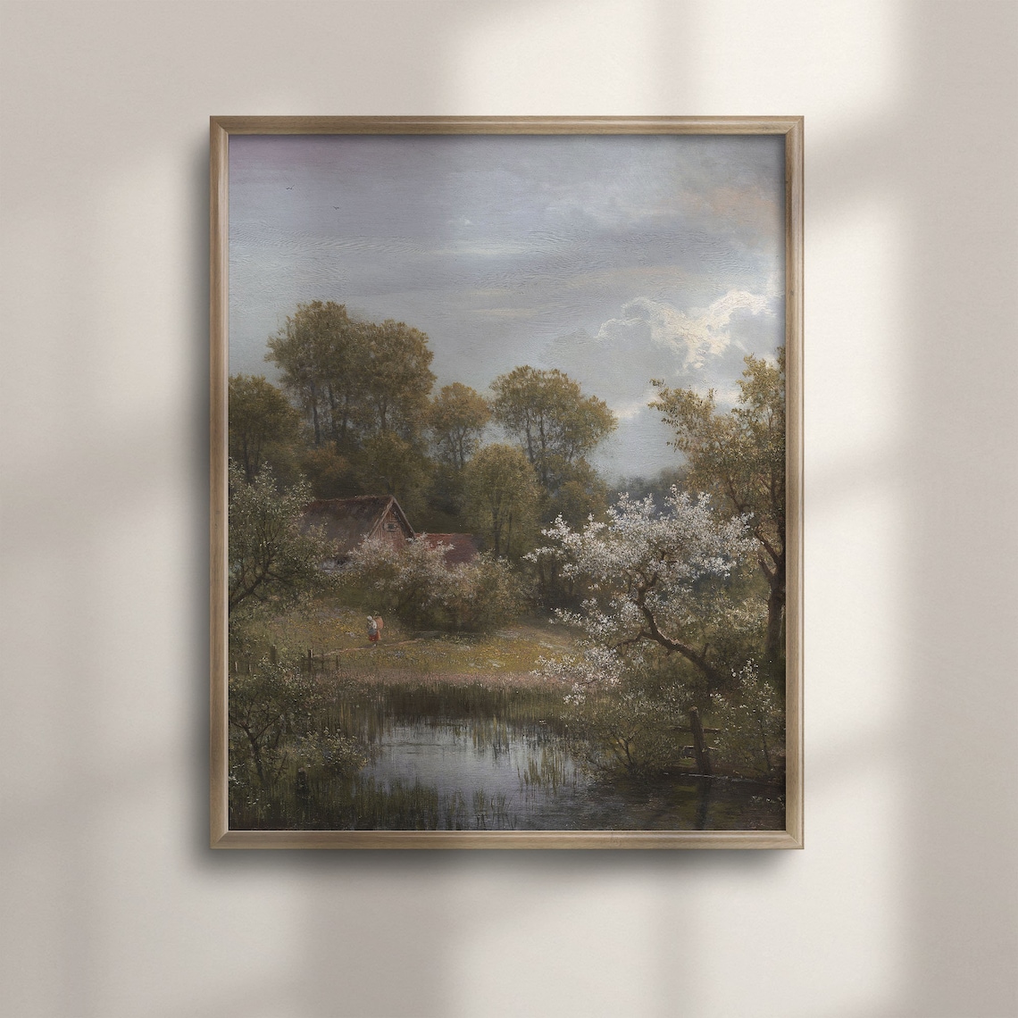 Spring Countryside Cottage Landscape Blooming Trees Pond Vintage Poster