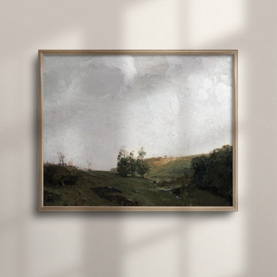 Vintage Country Landscape Art Rustic Farmhouse Wall Decor Dark Green Antique Painting Poster C16 218