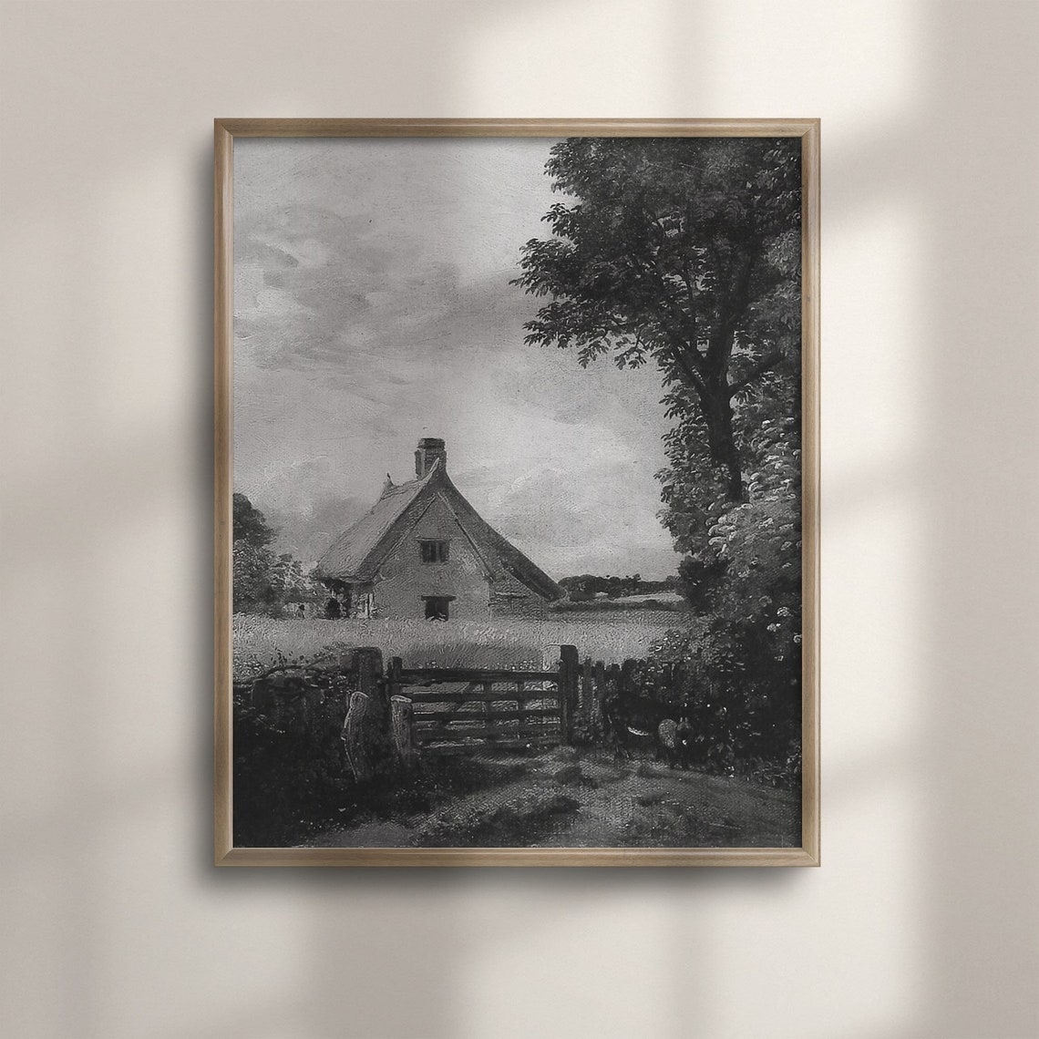 Vintage Thatched Cottage Sketch Monochrome Farmhouse Drawing Poster