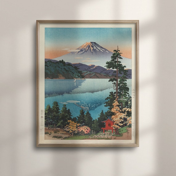 Mount Fuji over Lake Hakone Japanese Woodblock with a Red Shrine Poster