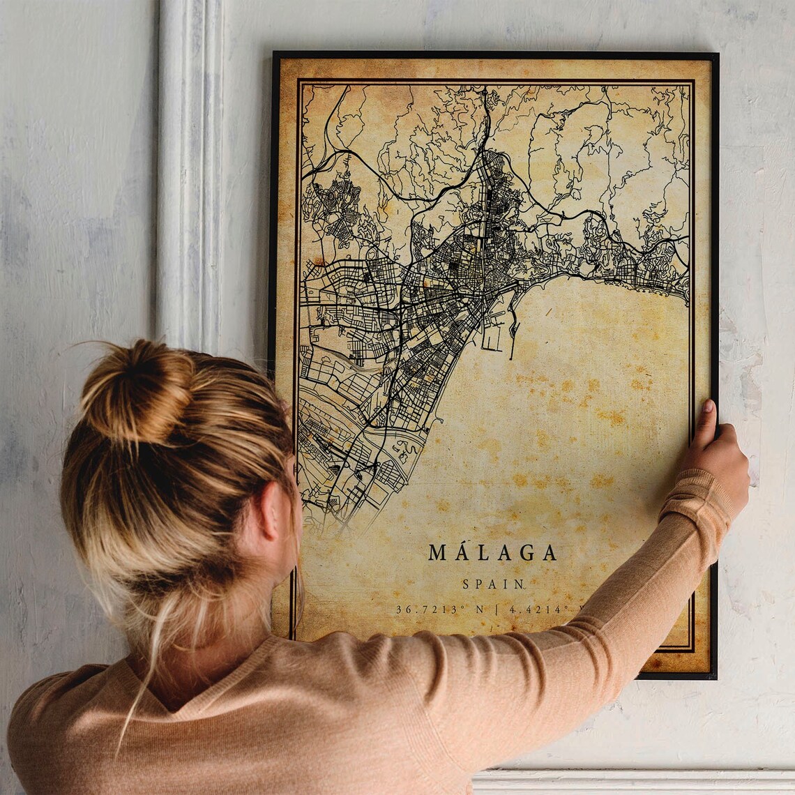 Malaga Spain Vintage City Street Map Antique Parchment Poster - Image 2