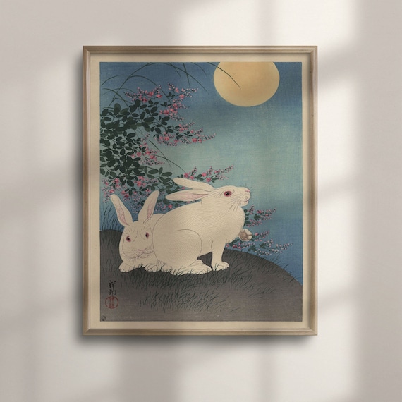 Ohara Koson Rabbits Under Moonlight Japanese Woodblock Art Poster