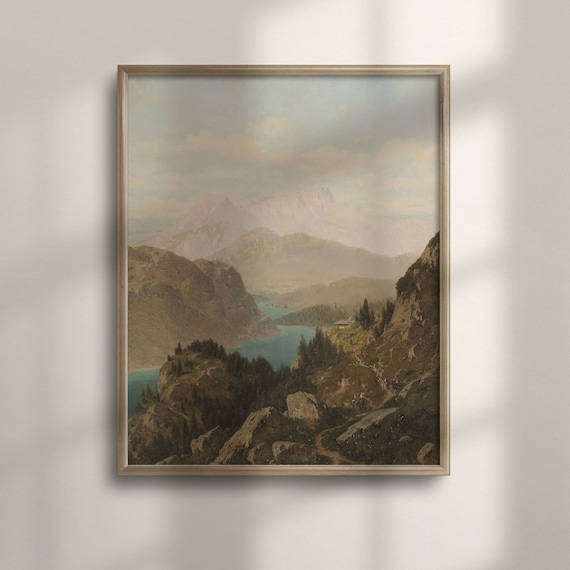 Mountain River Scenery Painting Rustic Landscape Vintage Print Cabin Wall Decor Vintage Home Decor Rustic Wall Art C16 776
