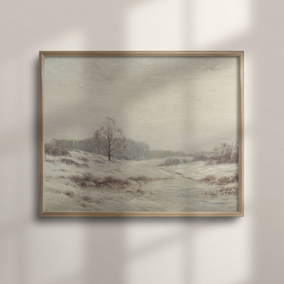 Snowy Winter Field with a Lone Tree Vintage Landscape Poster
