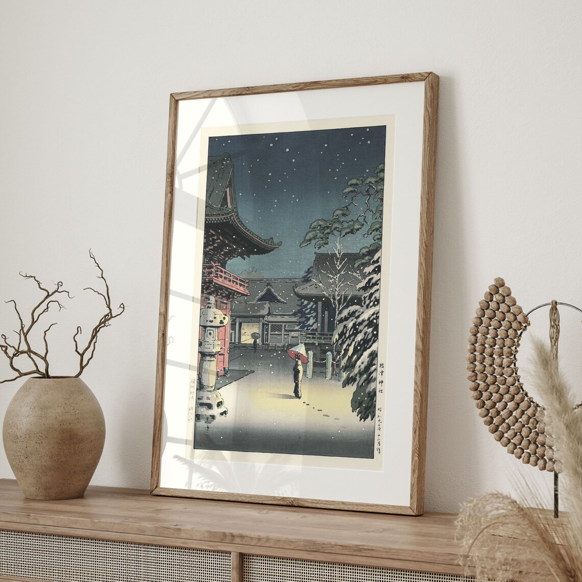 Japanese Woodblock Snowy Night at a Shrine with a Red Umbrella Poster - Image 4