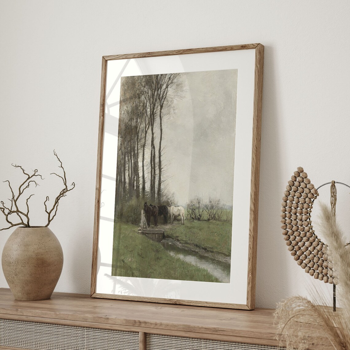 Horses By Stream Vintage Meadow Landscape Tall Bare Trees Gray Poster - Image 4