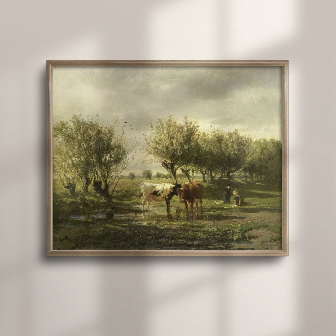 Cows Drinking at River Vintage Dutch Countryside Painting Poster