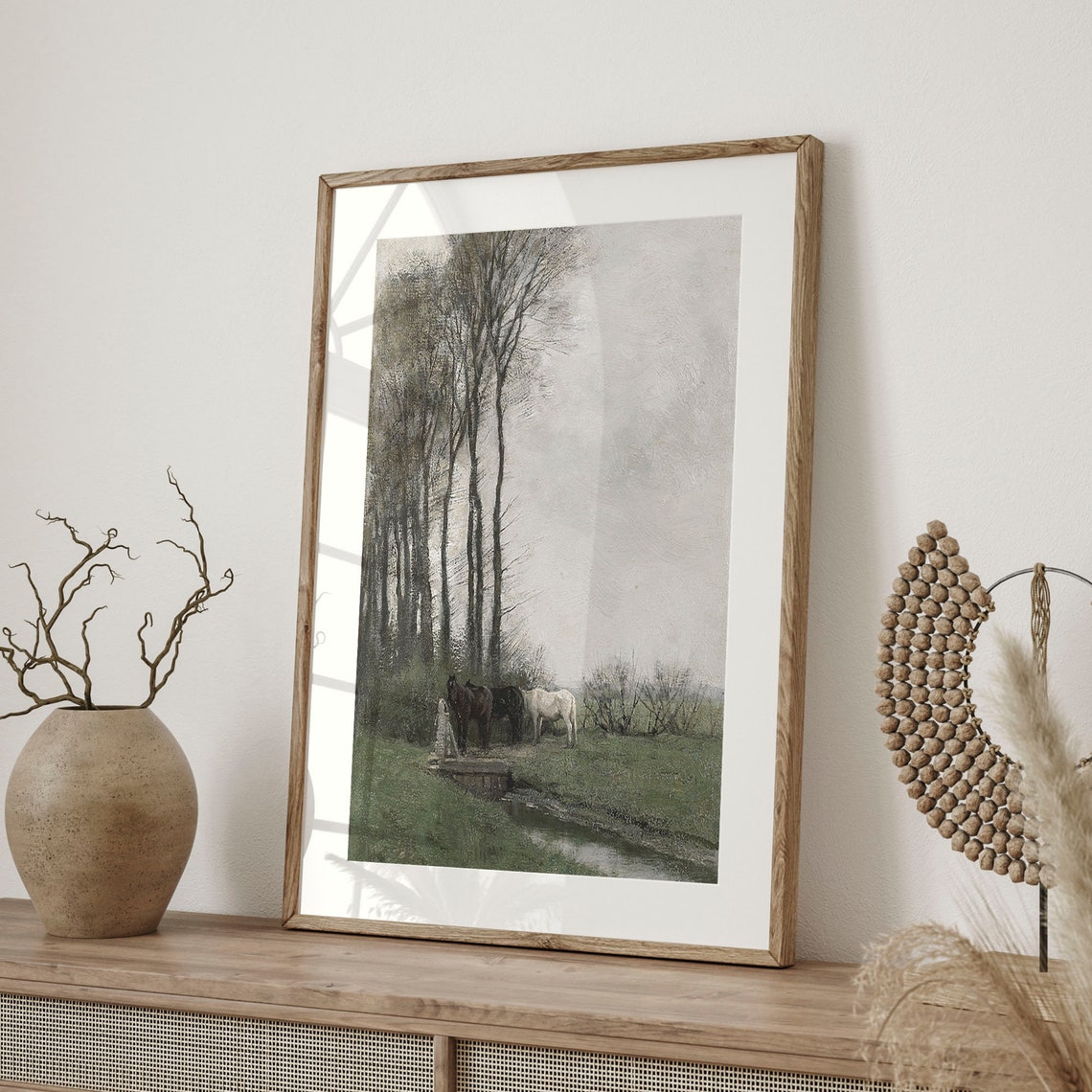 Horses Drinking at Stream Misty Vintage Farmhouse Landscape Poster - Image 4