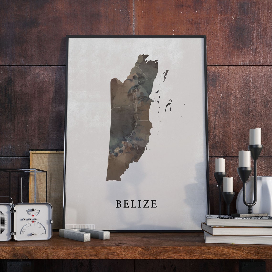 Belize Watercolor Country Silhouette Map Dark Earthy Tones Poster