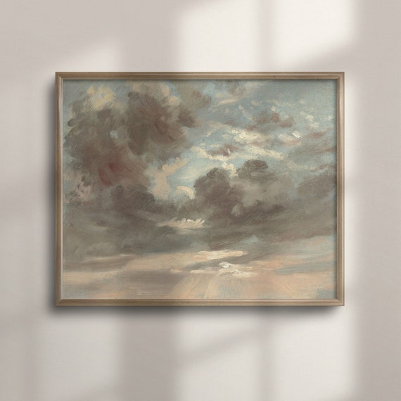 Pastel Sky Cloud Painting Art Print Vintage Wall Decor Nursery Room Accent French Country Style Antique Oil Artwork C16 408