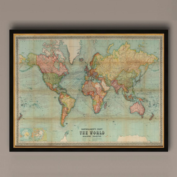 World Map Vintage Atlas 1914 Mercator Travel Poster