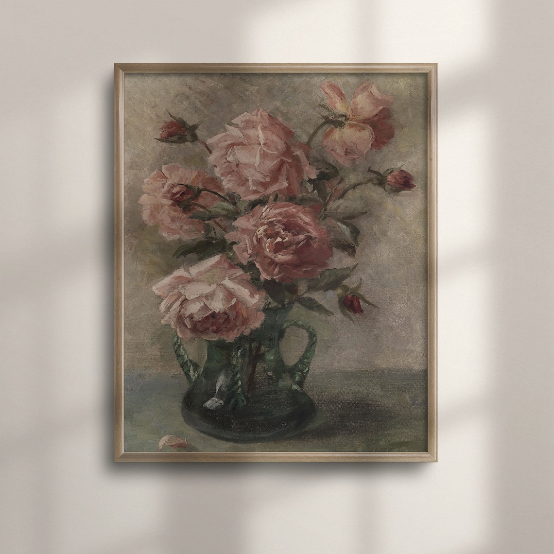 Pink Roses in Green Glass Vase Vintage Floral Oil Painting Poster