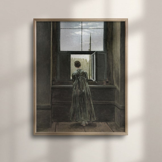 Antique Woman Portrait Vintage Wall Art Moody Oil Painting Farmhouse Decor Country Print Botanical Art Woman In Window C16 738