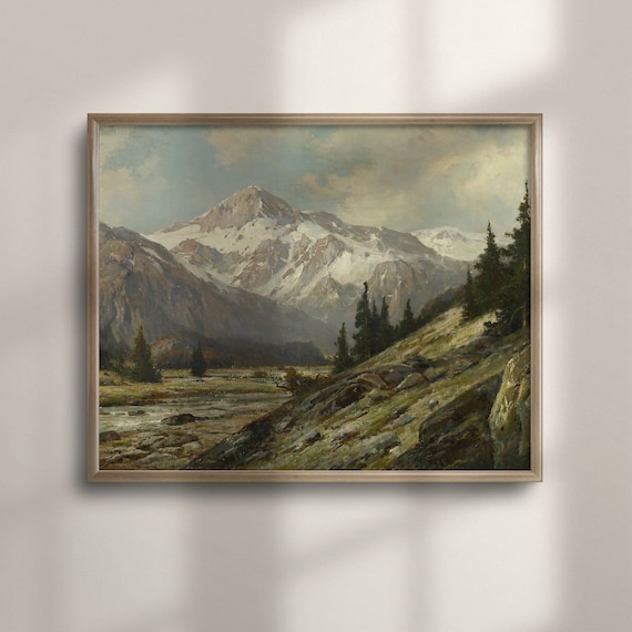 Antique Landscape Mountain Painting Rustic Lodge And Cabin Wall Art Vintage Home Decor C16 423