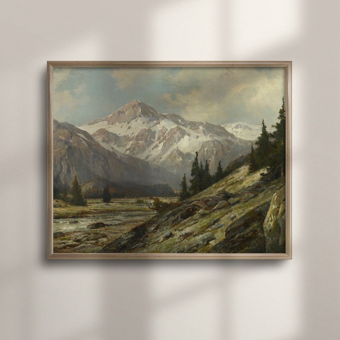 Snow Capped Mountain River Valley Antique Rustic Landscape Art Poster