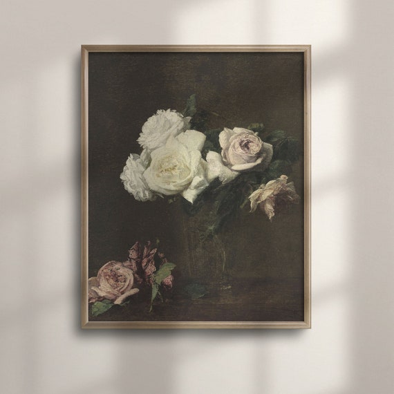 Antique Rose And Moody Floral Artwork Vintage Botanical Wall Decor Dark Academia Farmhouse Style C16 1133