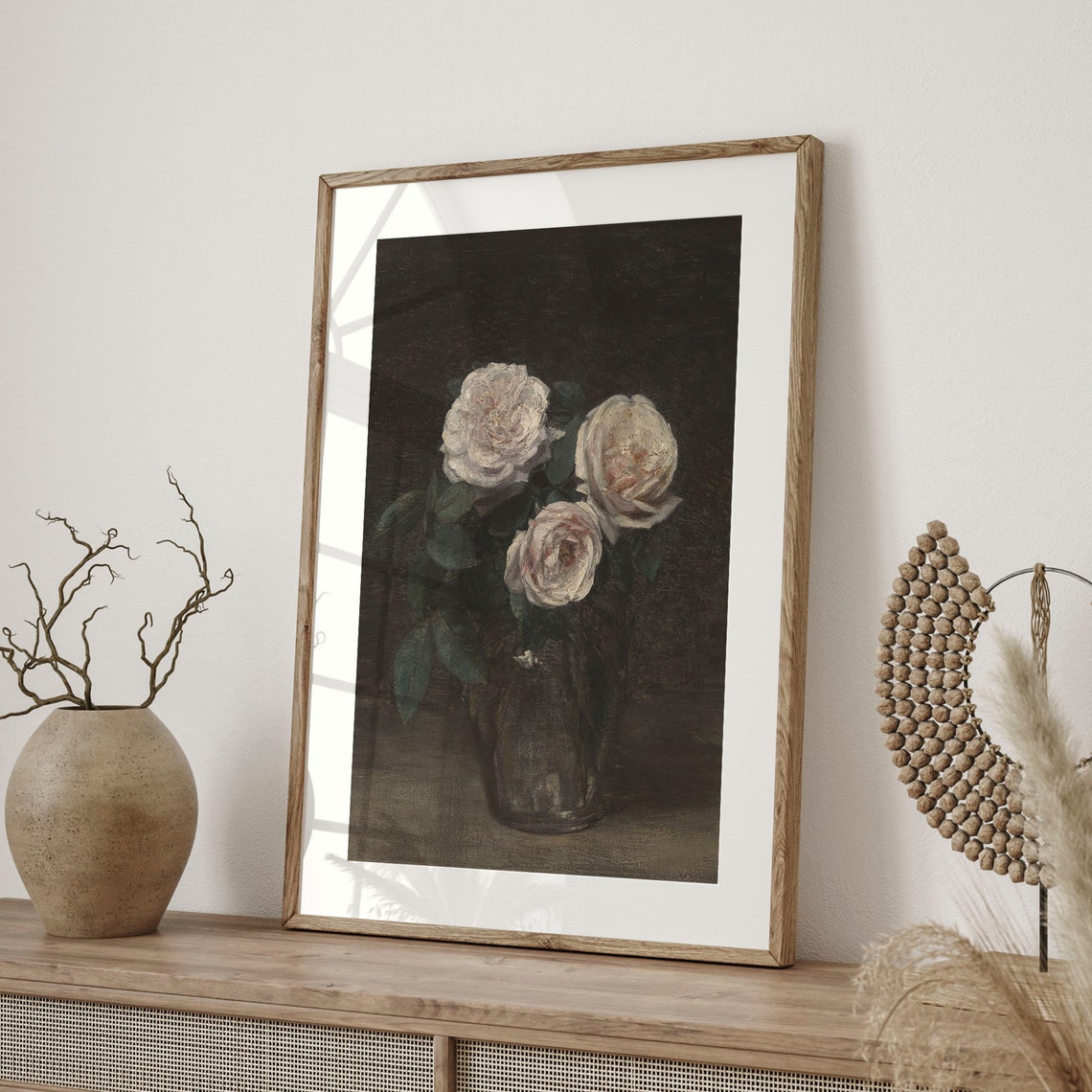 Three White Roses in Vase Dark Moody Vintage Oil Painting Poster - Image 4