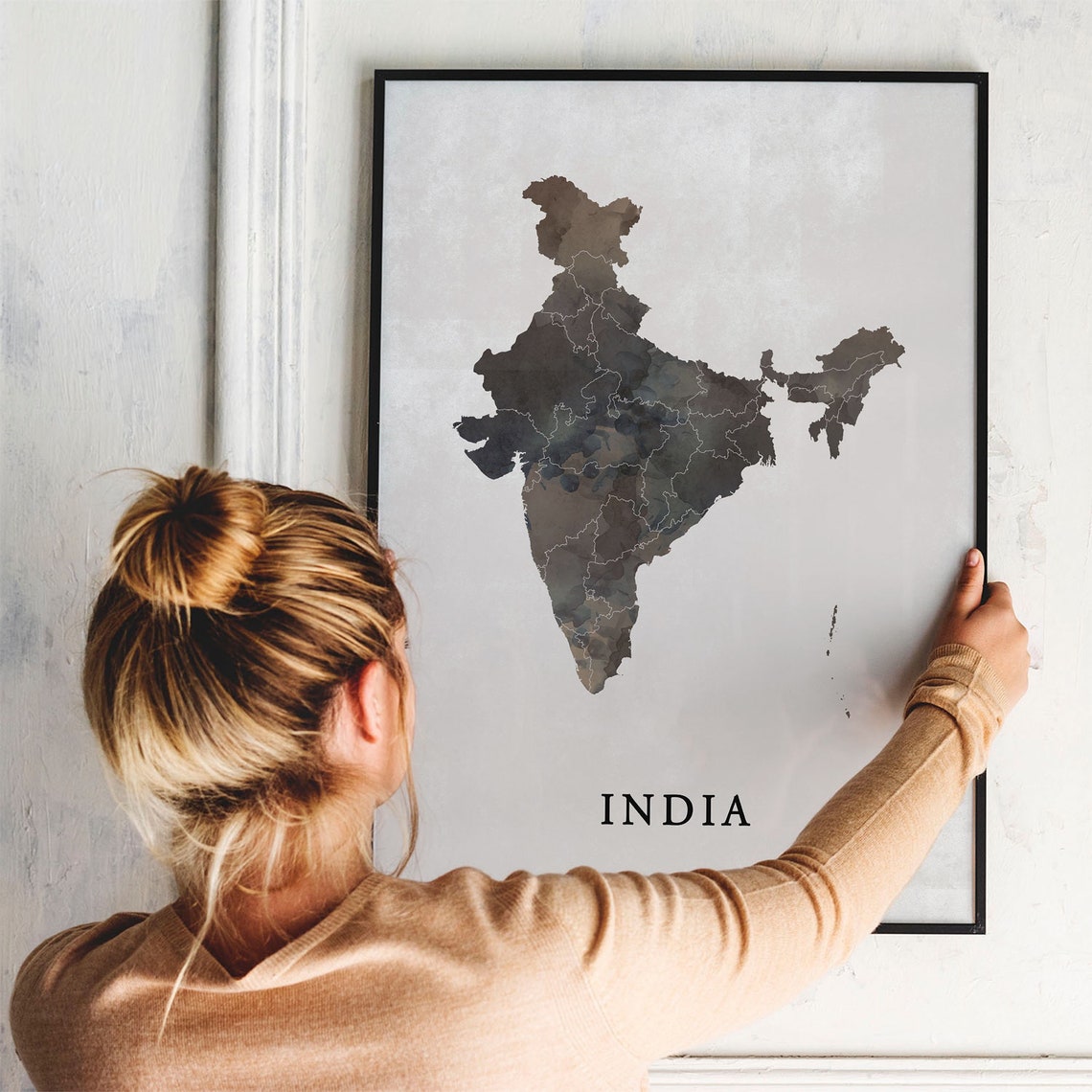 India Watercolor Country Map Poster Silhouette Travel Gift Art - Image 3