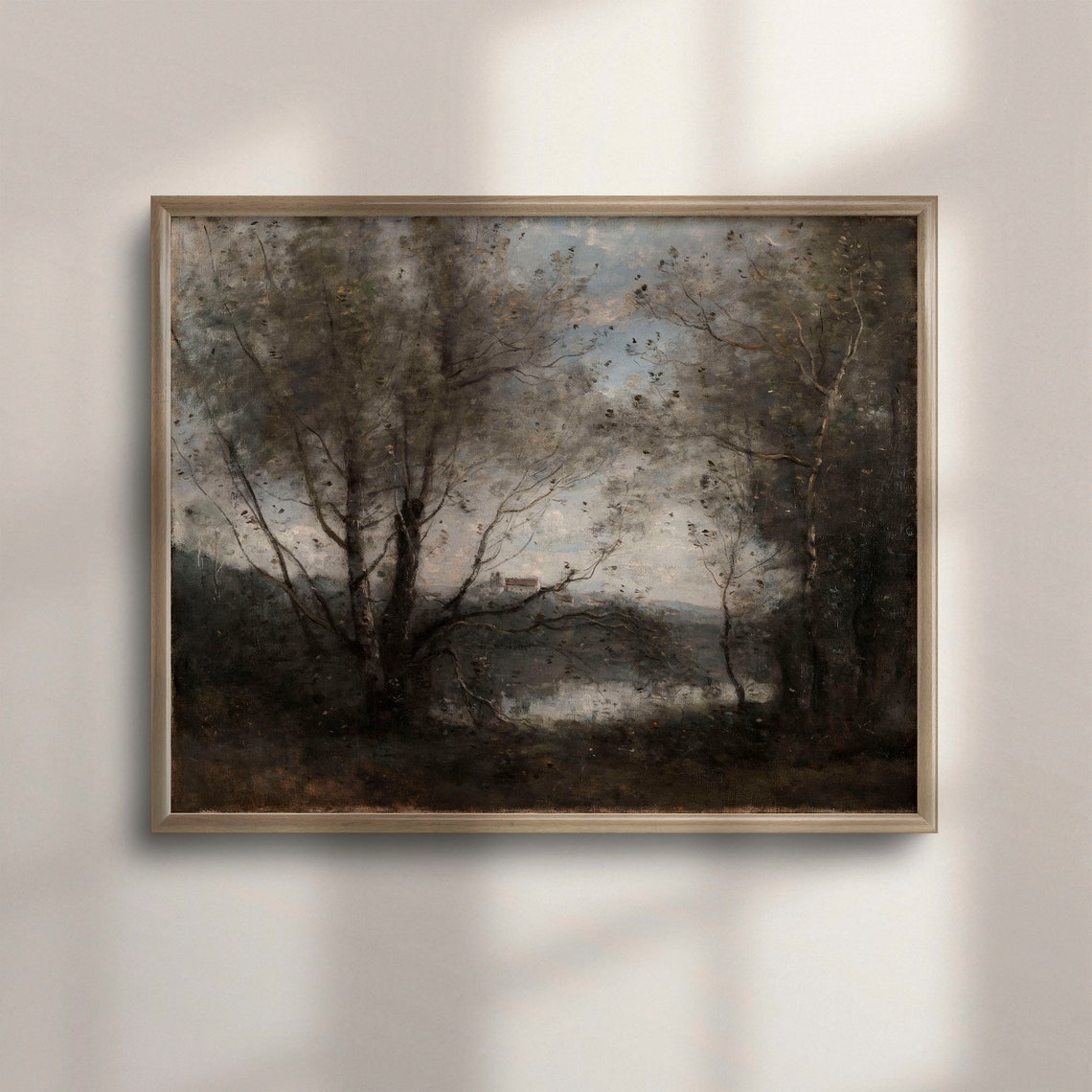 Antique Landscape Art Moody Forest Scene Vintage Woodland Oil Painting Rustic Wall Decor Cabin Art Country Farmhouse C16 260