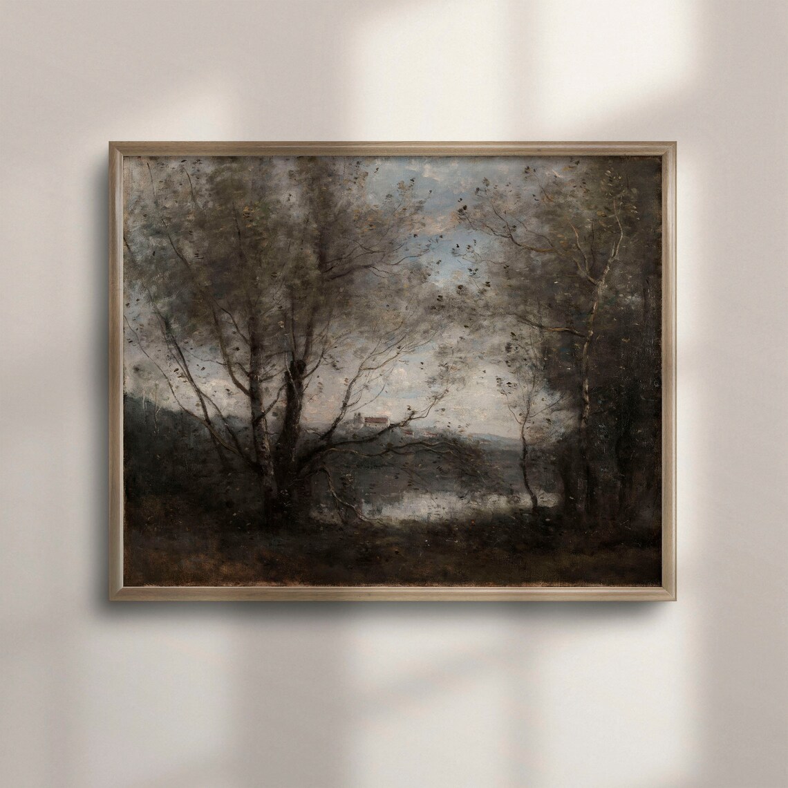 Vintage Moody Woodland Forest Trees Water Antique Scene Poster