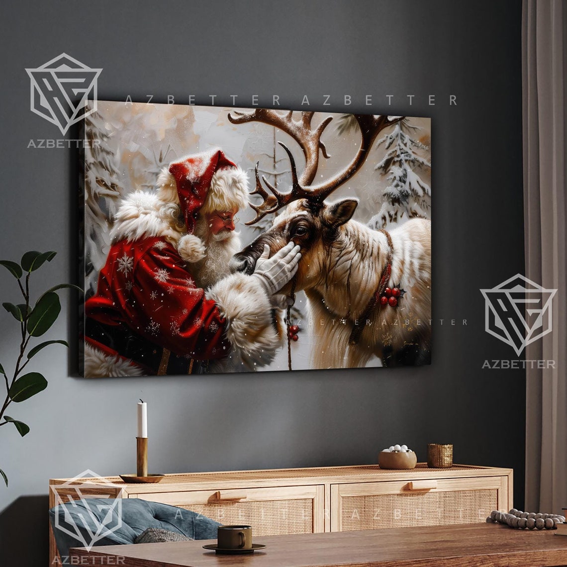 Santa Gently Petting Reindeer Snowy Forest Christmas Canvas Poster