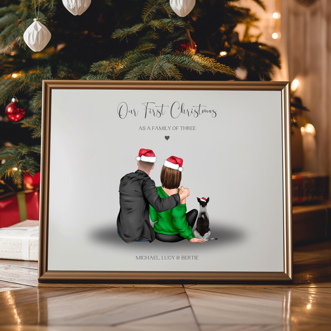 Our First Christmas As A Family Of Three Couple With Dog Poster