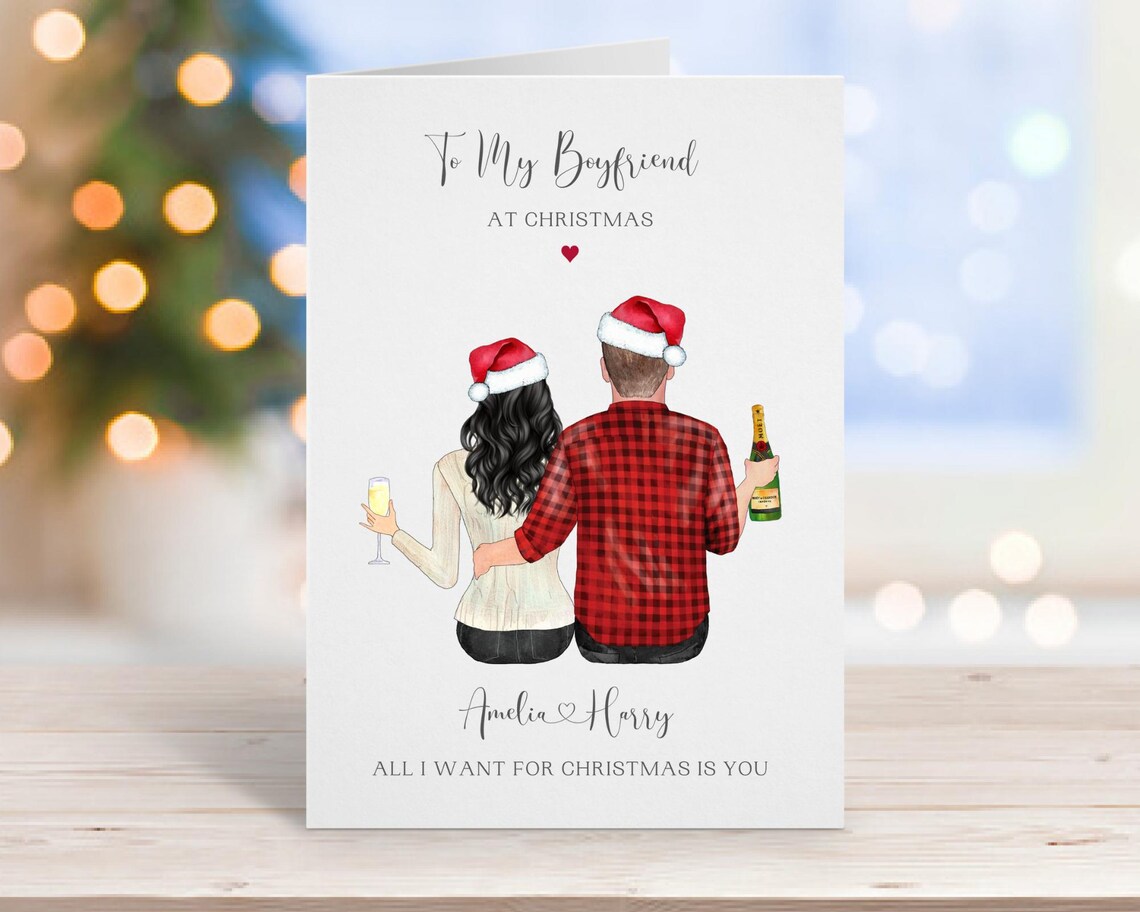 Personalised Christmas Card for Boyfriend Couple in Santa Hats Print