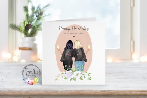 Happy Birthday Best Friend Card Two Women Champagne Toast Illustration Print