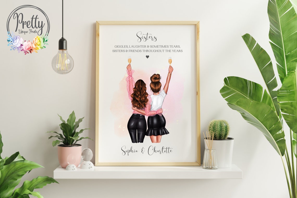Sisters Giggles Laughter Two Women Champagne Toast Quote Personalised Poster