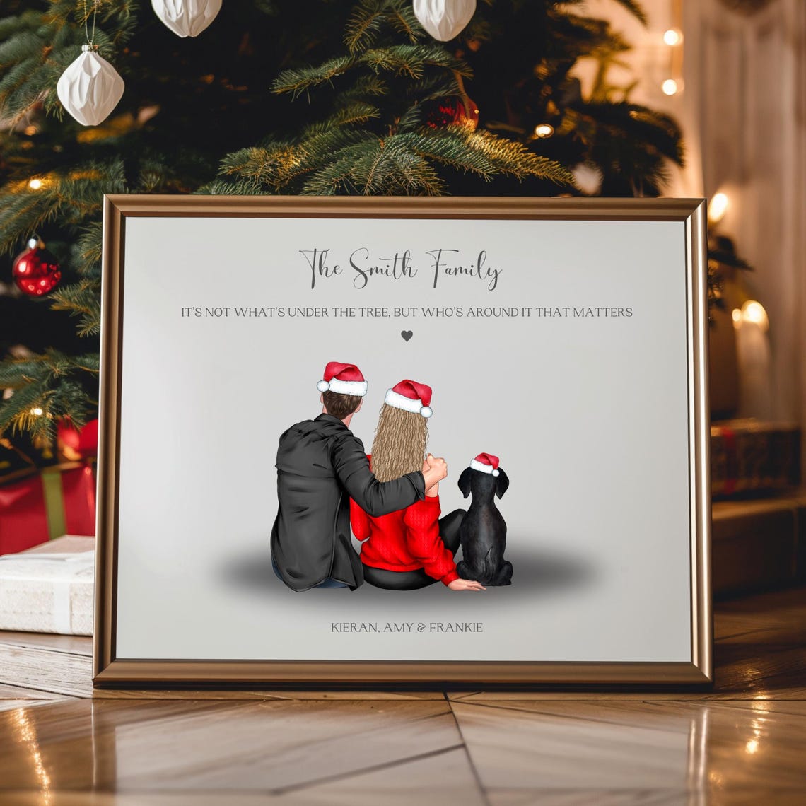 Personalised Couple With Pet Christmas Print Family Pet Portrait Christmas Family Gifts First Christmas Together Christmas Pet Print
