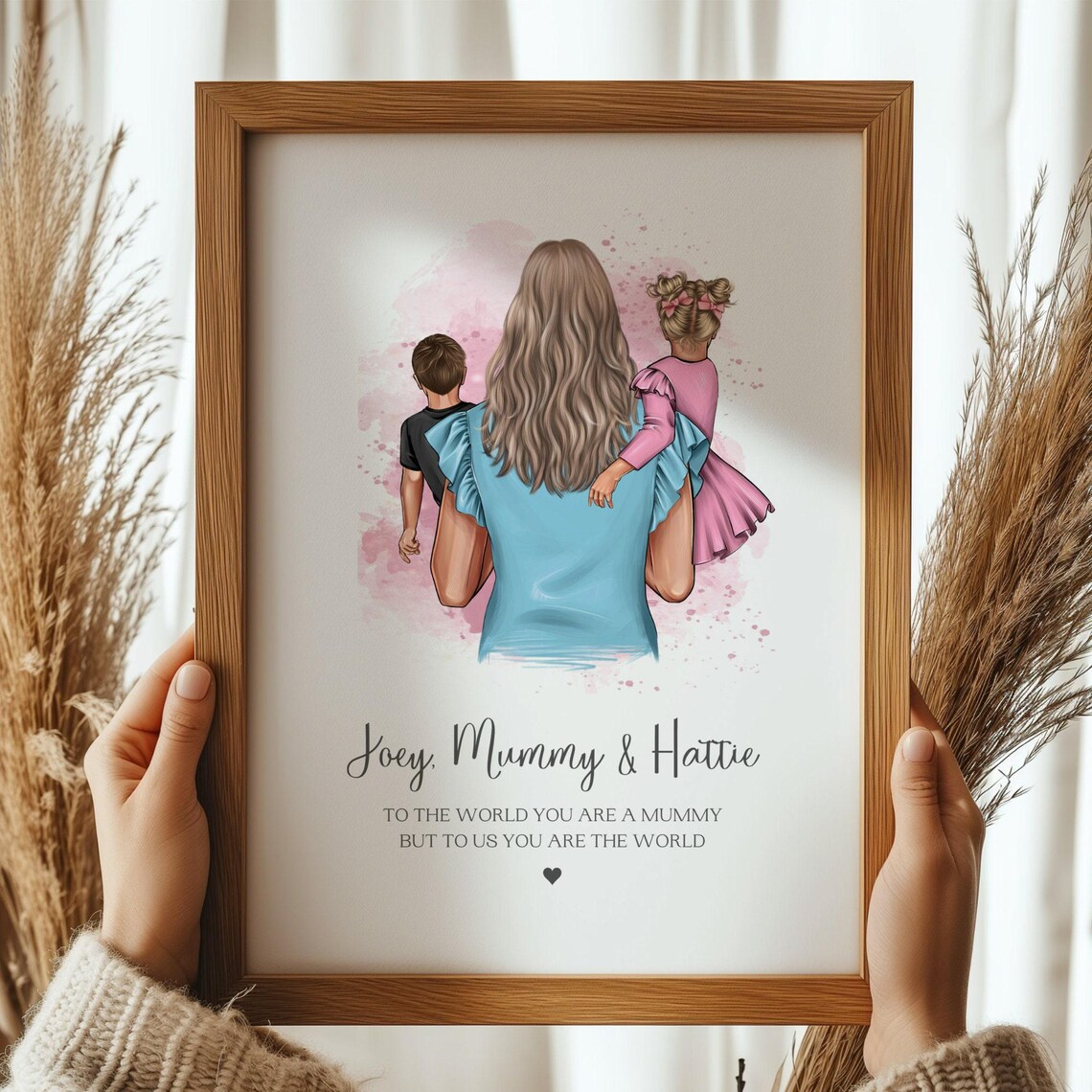 Mummy With Son And Daughter Pink Watercolour World Quote Poster