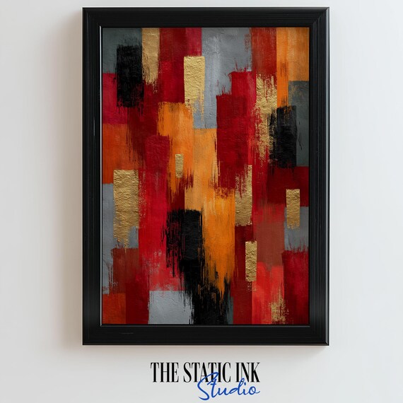 Geometric Abstract Wall Art Red Gold Grey Modern Print Bold For Home Decor