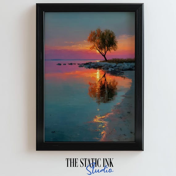Sunset Lake Tree Wall Art Tranquil Shoreline Reflection Painting With Warm Colors Peaceful Nature Landscape Print