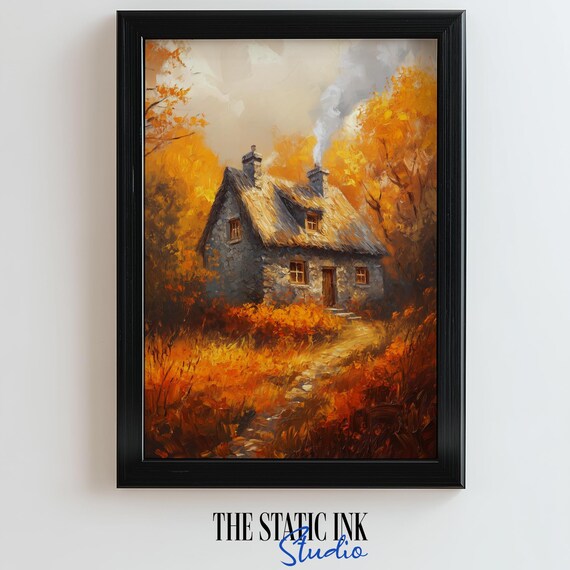 Rustic Stone Cottage in Golden Autumn Forest Thatched Roof Oil Painting Poster