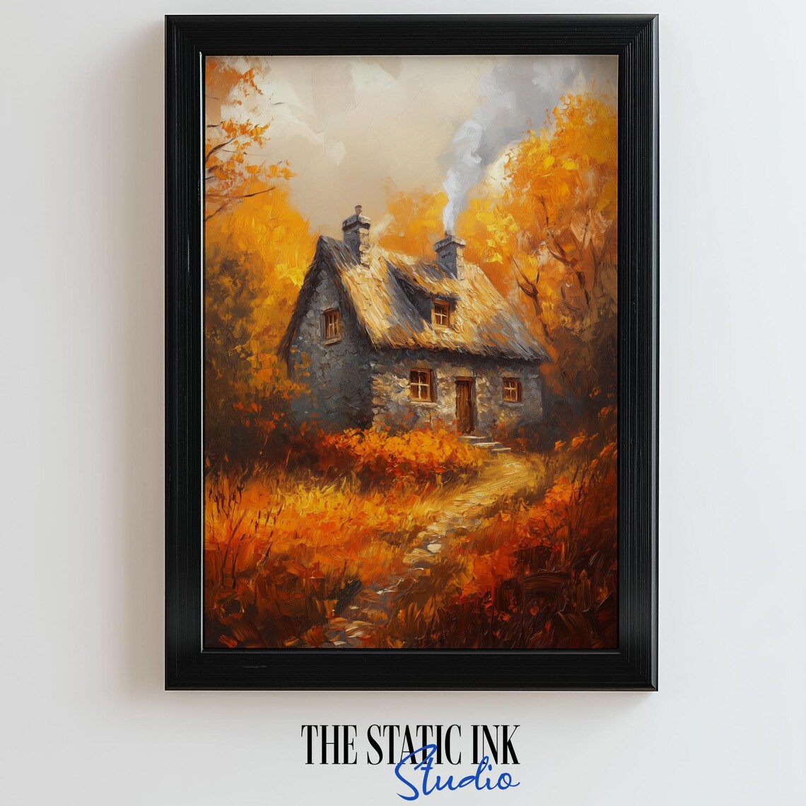 Rustic Stone Cottage in Golden Autumn Forest Thatched Roof Oil Painting Poster