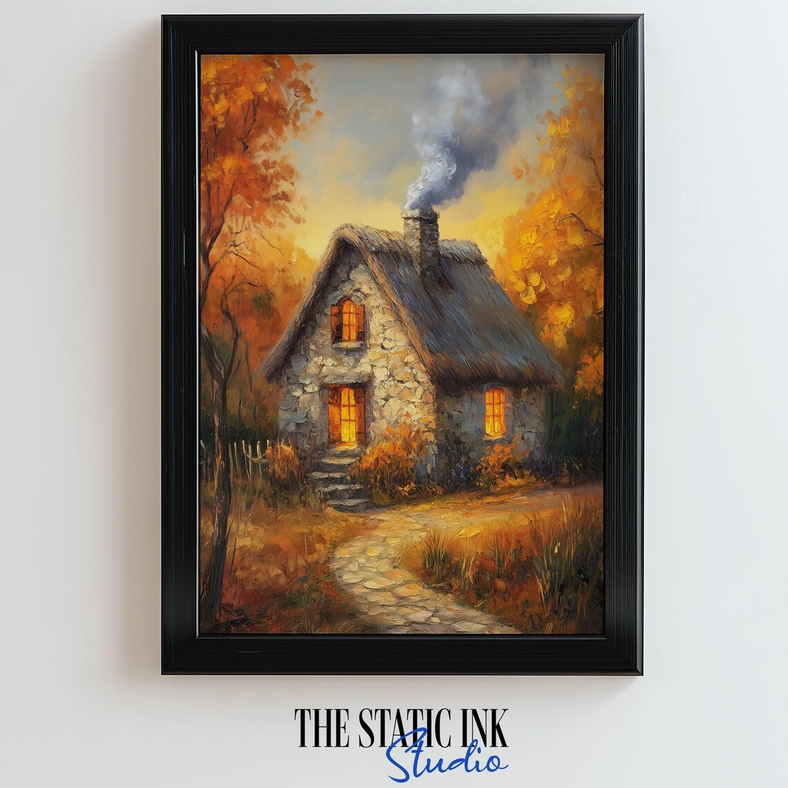Cozy Stone Cottage at Dusk Autumn Oil Painting Thatched Roof Fall Poster