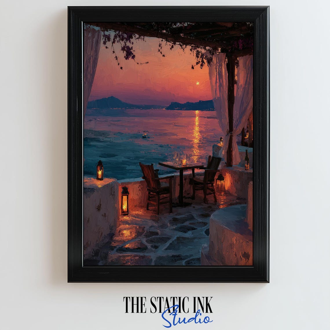Candlelit Coastal Patio At Sunset In Pink Mediterranean Poster