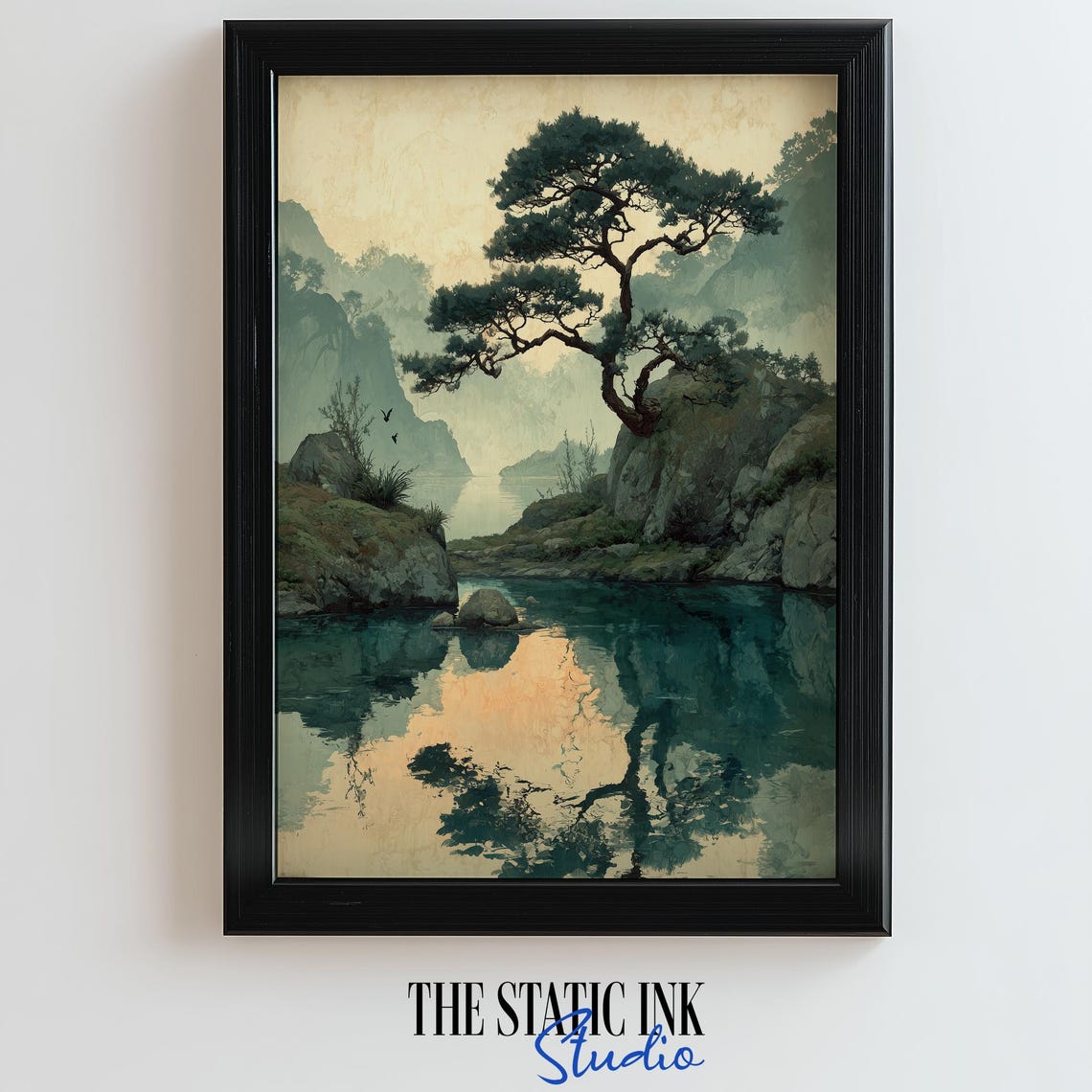 Serene Zen Landscape Print Minimalist Mountain Scene With Tree Reflection Artwork For Calming Japanese Wall Decor