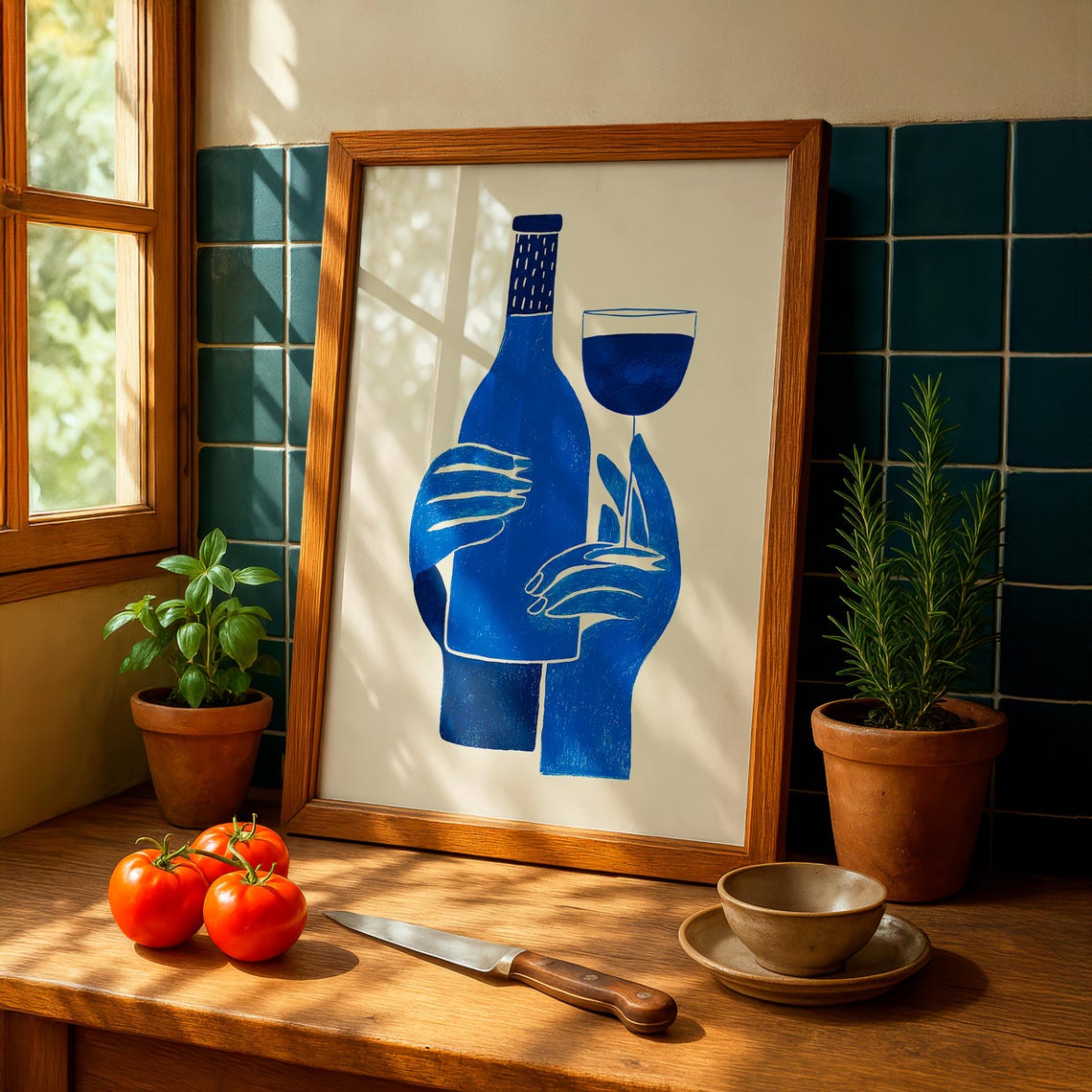 Blue Hands Wine Bottle Glass Minimalist Kitchen Bar Art Poster