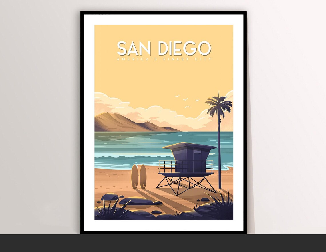 San Diego Americas Finest City Retro Beach Travel Poster Surf Art