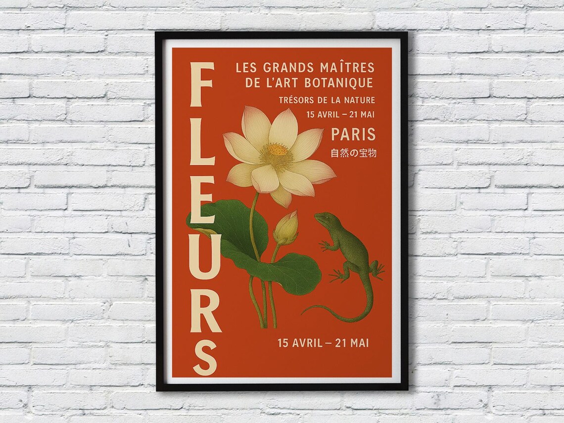 Fleurs Paris Botanical Exhibition Lotus Flower And Lizard Vintage Poster