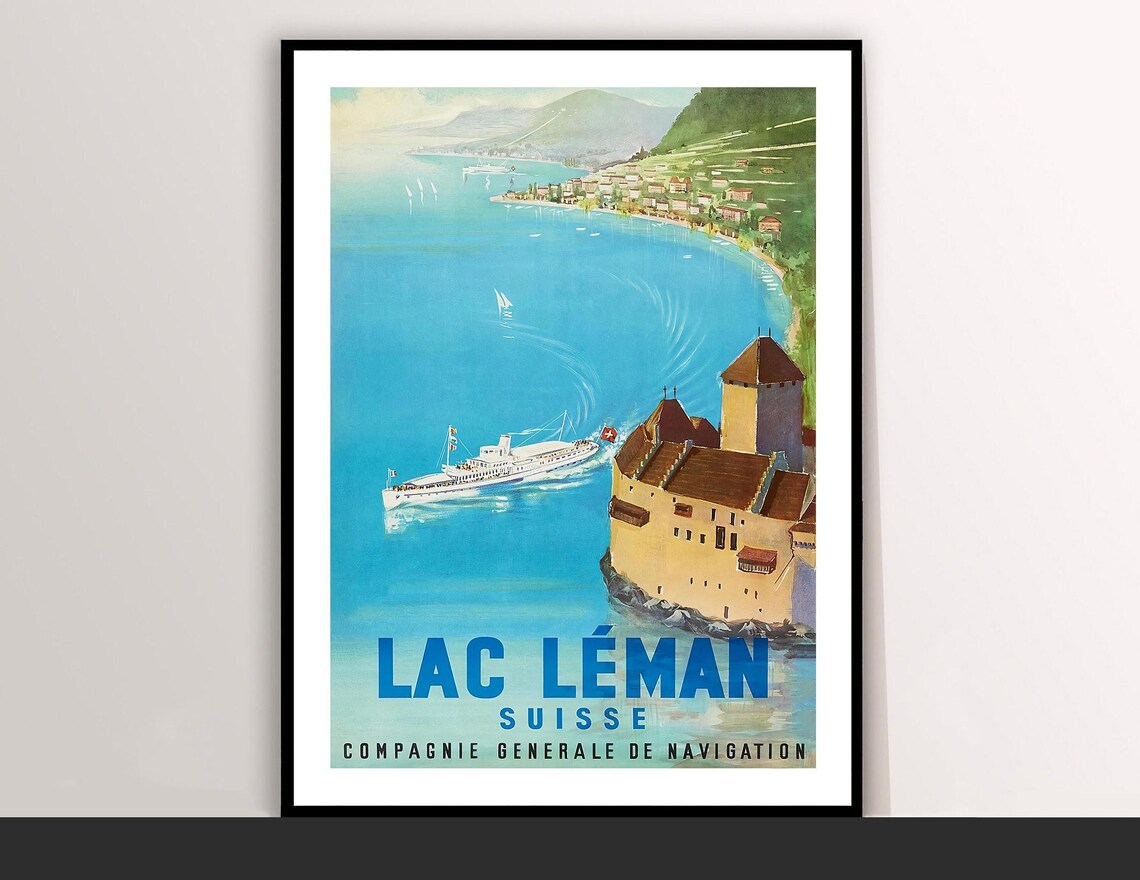 Lac Leman Chillon Castle Switzerland Vintage Travel Poster Art